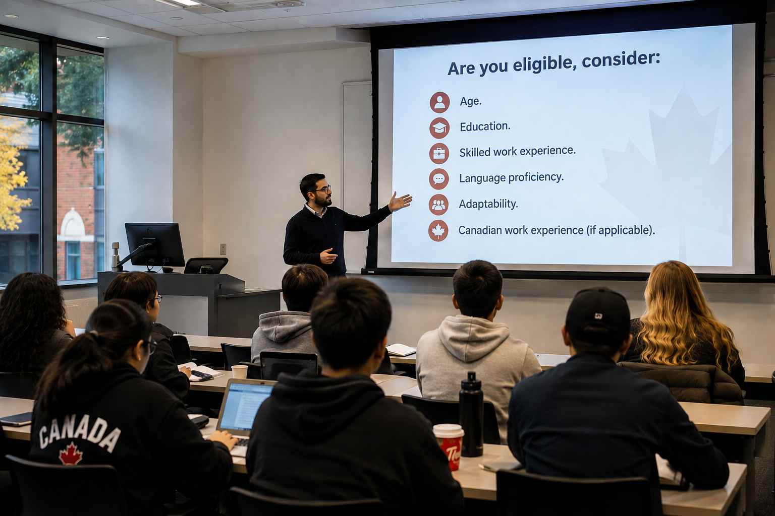 IELTS score requirements for Canada PR explained in a classroom presentation