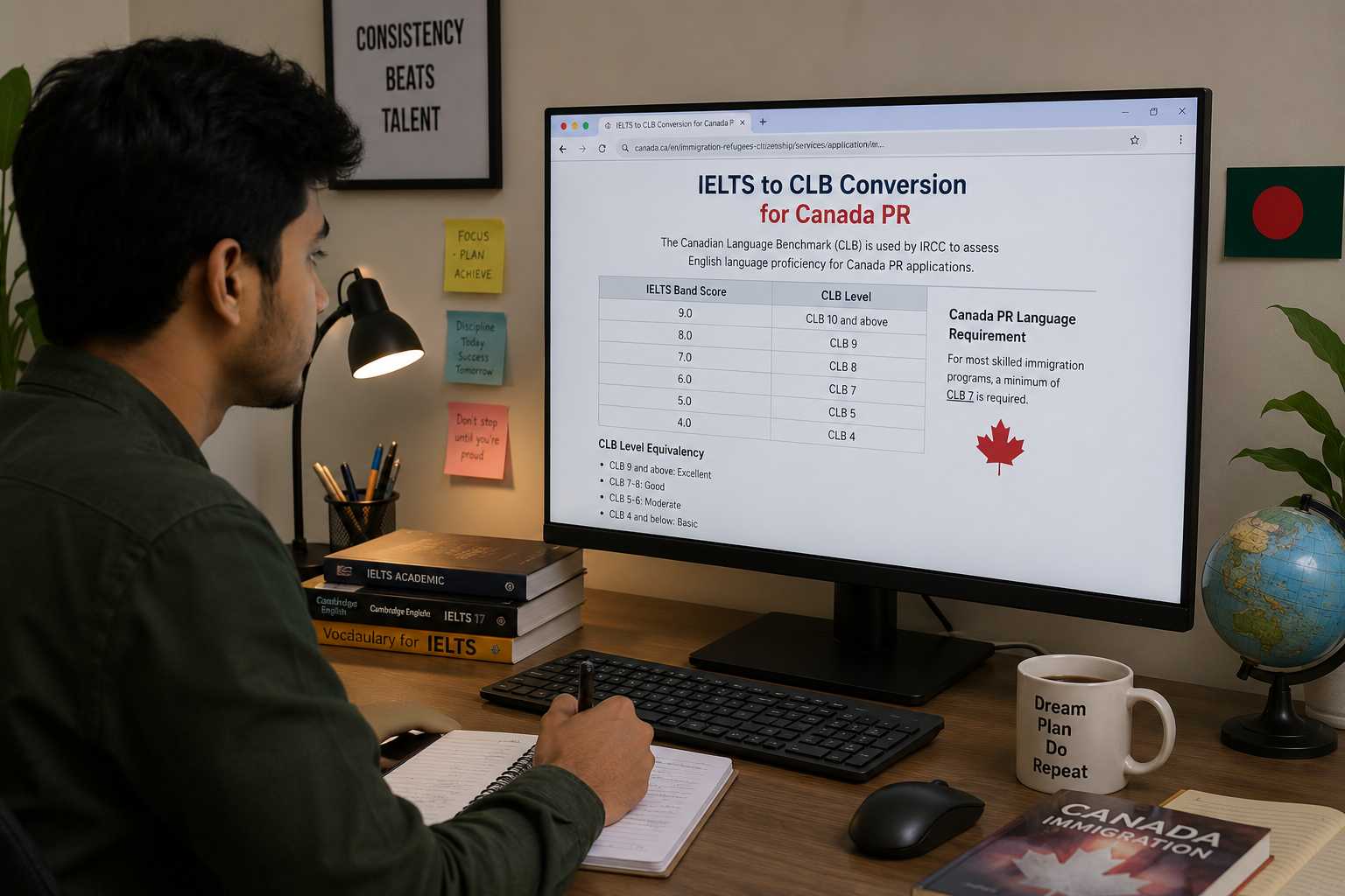 Student checking IELTS to CLB conversion for Canada PR language requirements