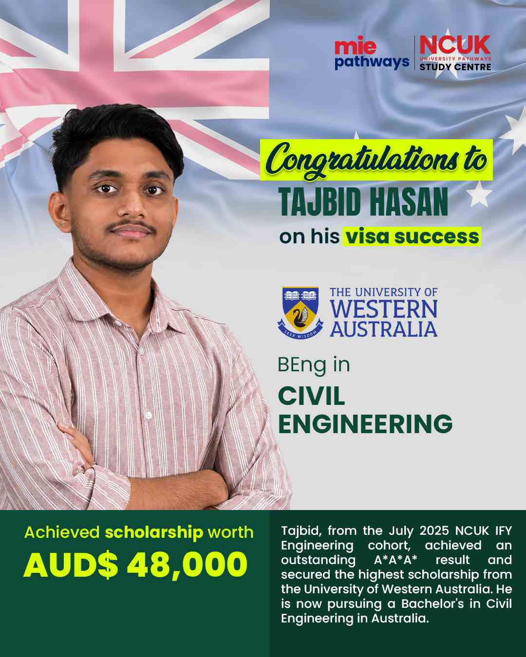 Tajbid receives an AUD 48,000 scholarship from The University of Western Australia